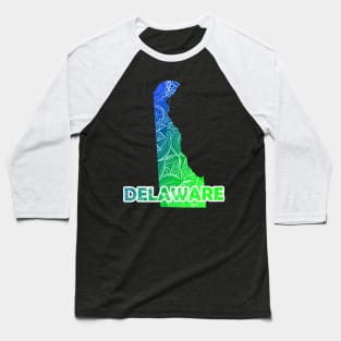 Colorful mandala art map of Delaware with text in blue and green Baseball T-Shirt